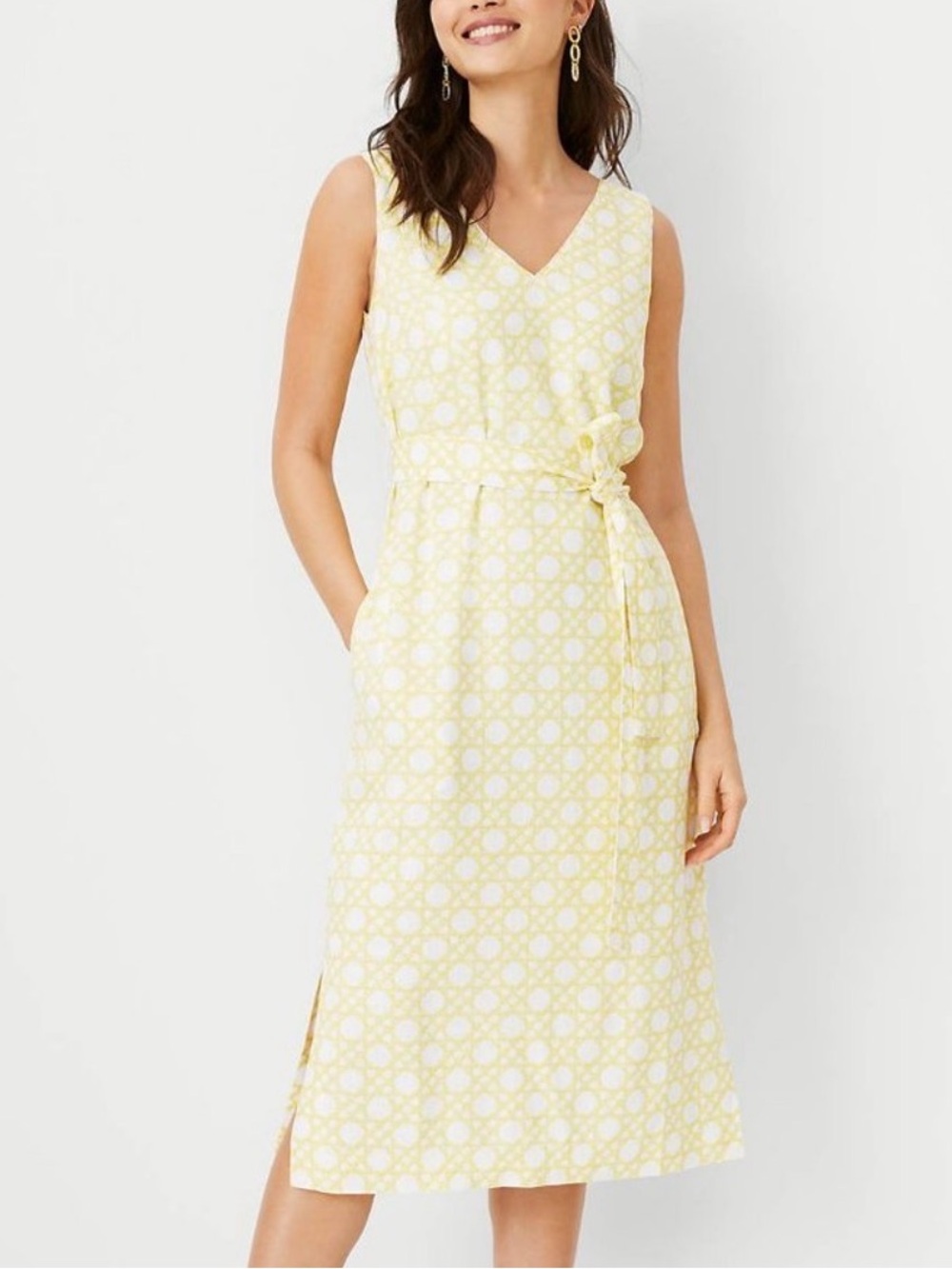 Sleeveless Yellow Patterned Bamboo Tie-Waist Midi Dress Ann Taylor Size 6
